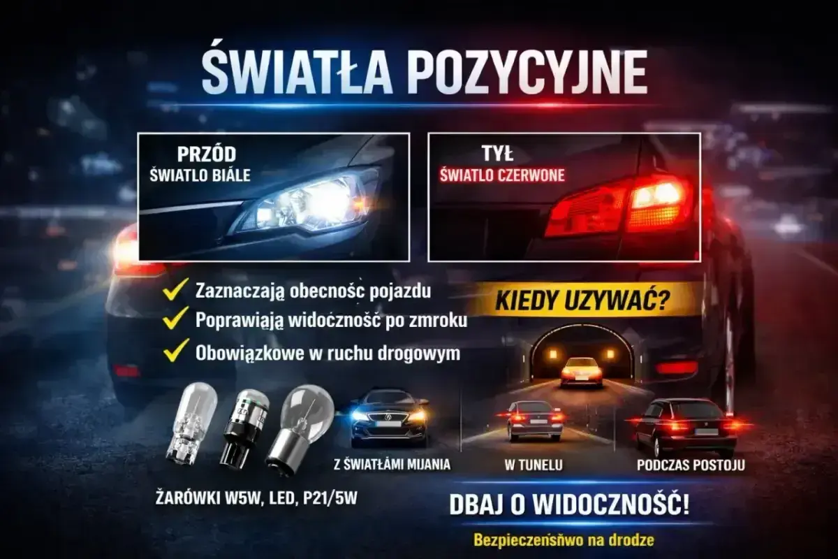 Światła pozycyjne: białe z przodu, czerwone z tyłu. Niezbędne dla widoczności i bezpieczeństwa na drodze.