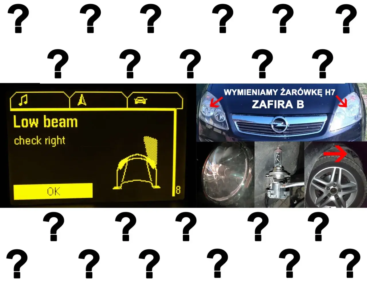Instrukcja wymiany żarówki H7 w Zafirze B. Komunikat "Low beam check right" i zdjęcie reflektora.