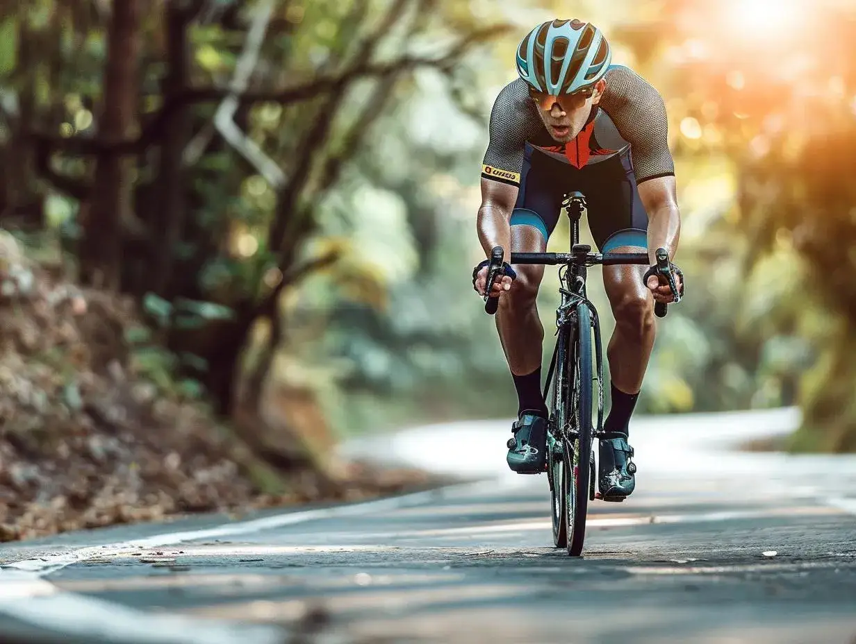 Kolarz w akcji podczas maratonu rowerowego, pochylony nad kierownicą, w kasku i sportowym stroju, jedzie po krętej drodze wśród drzew.