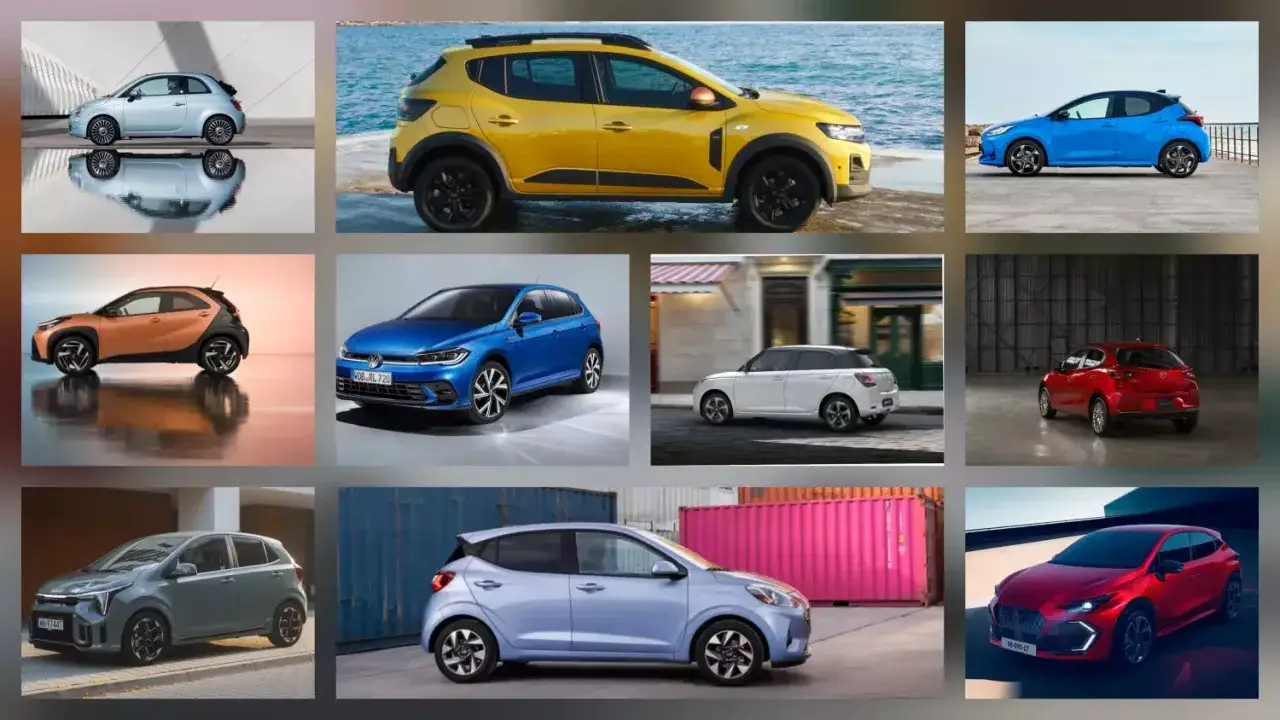 Kompilacja różnych modeli samochodów: Fiat 500, Dacia Sandero, Toyota Yaris, Toyota Aygo X, VW Polo, Suzuki Ignis, Kia Picanto, Hyundai i10, Mazda 2.