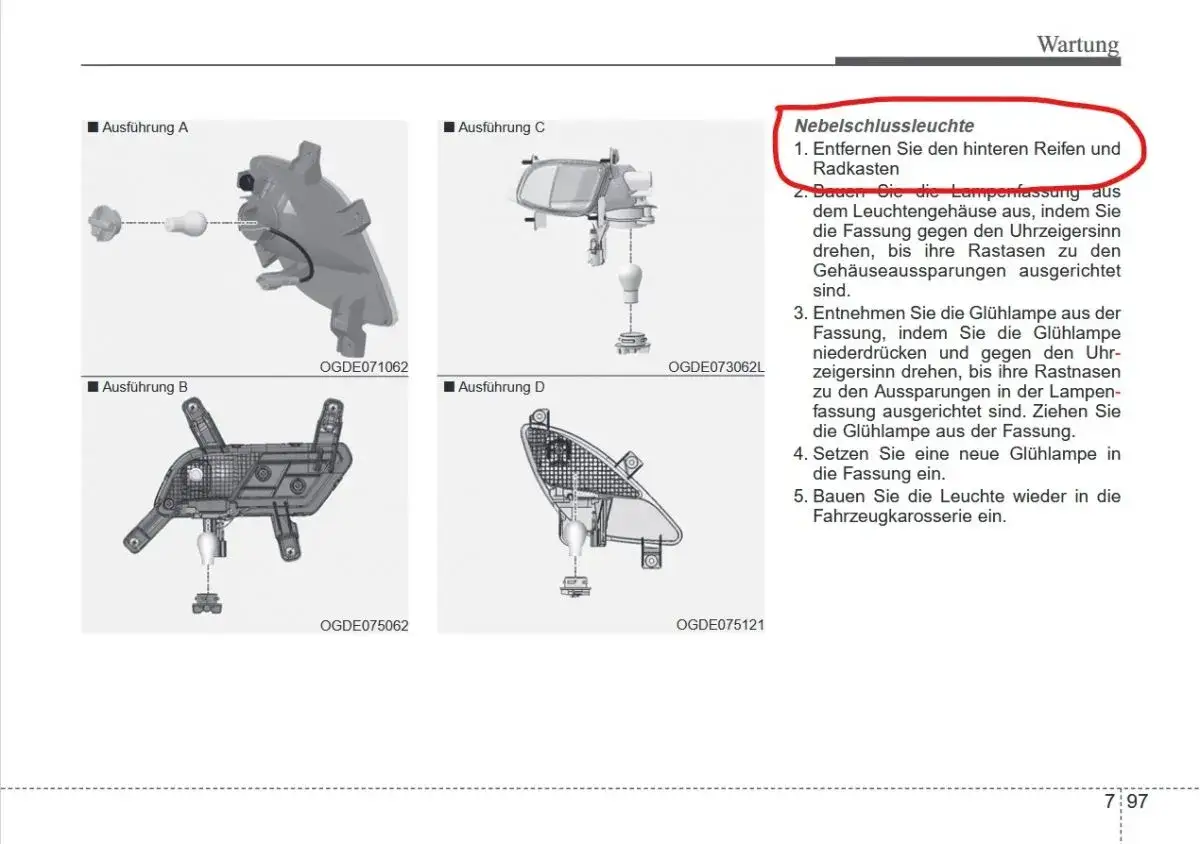 Instrukcja wymiany żarówki tylnej w Hyundai i20. Schematy pokazują demontaż i montaż lampy.