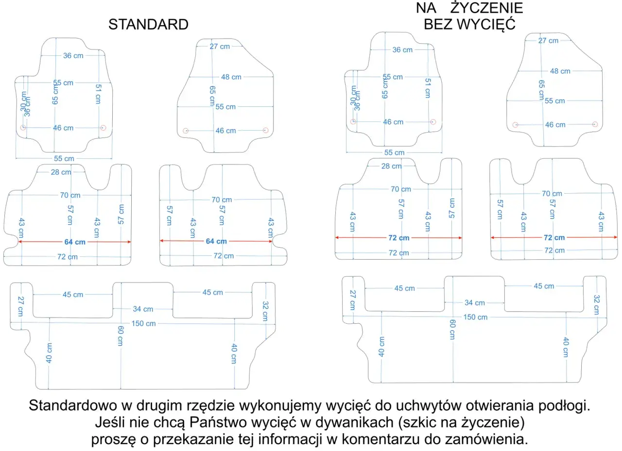 Wymiary dywaników samochodowych, w tym pacifica, z oznaczeniami i detalami.